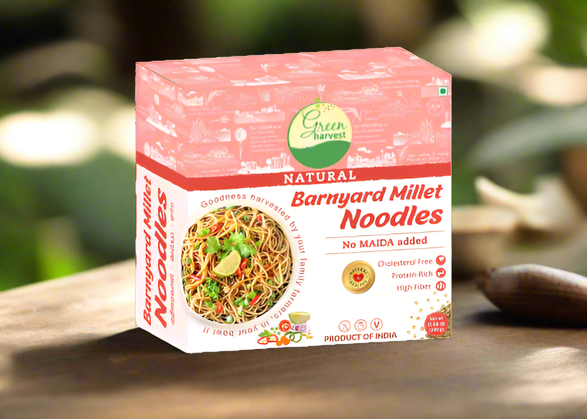 Packaging of Green Harvest Barnyard Millet Noodles, highlighting that the product is natural, gluten-free, and vegan-friendly, with a visual of the noodles on the front.