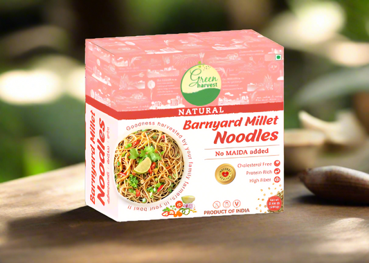 Packaging of Green Harvest Barnyard Millet Noodles, highlighting that the product is natural, gluten-free, and vegan-friendly, with a visual of the noodles on the front.