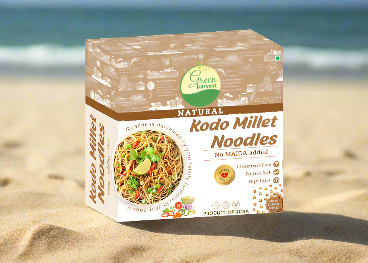 Packaging of Green Harvest Kodo Millet Noodles, displaying the product and its attributes such as being natural, gluten-free, and without maida added.
